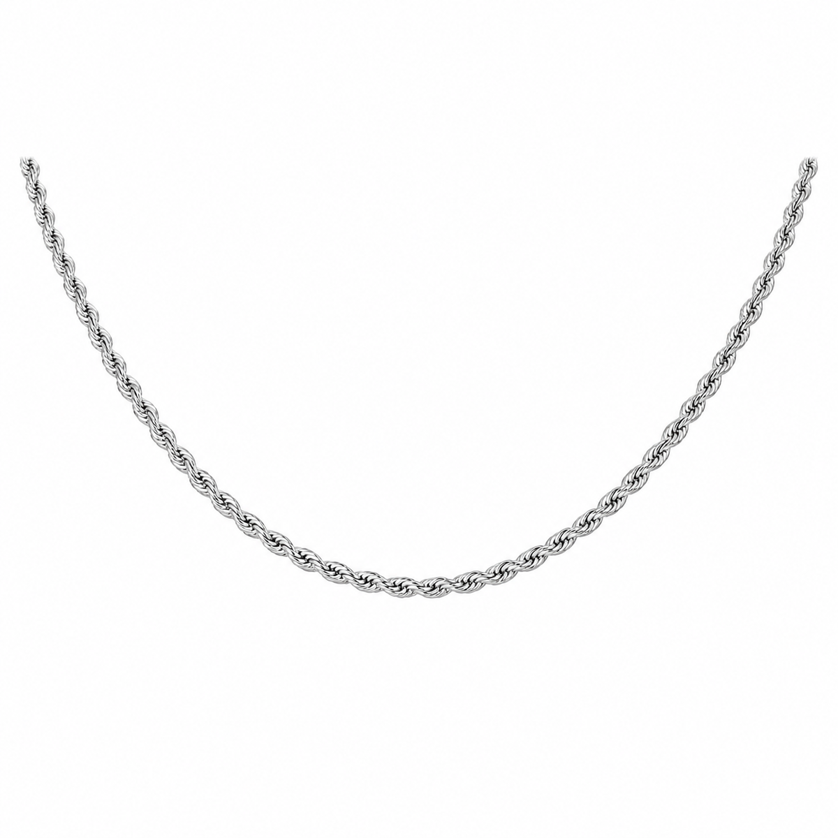 Silver-tone rope chain in a U-shaped drape on white