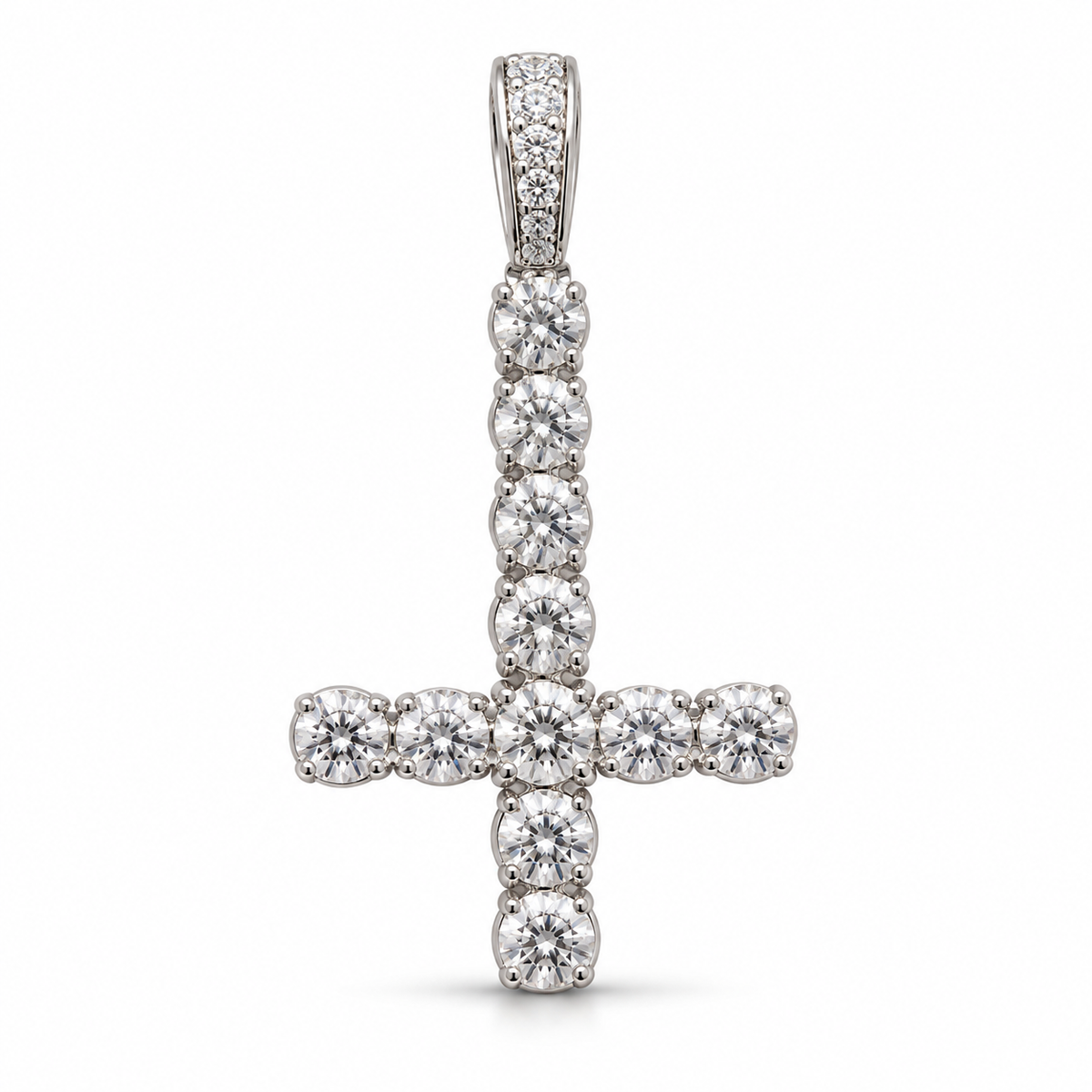 Size L silver-tone inverted cross pendant, front view on white
