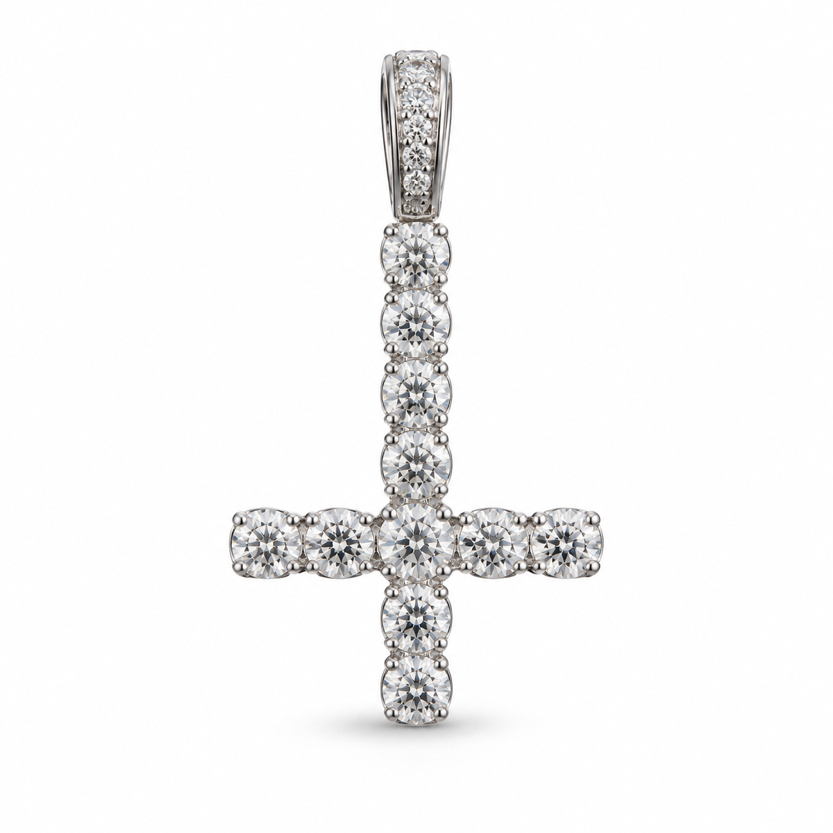 Size M silver-tone inverted cross pendant, front view on white