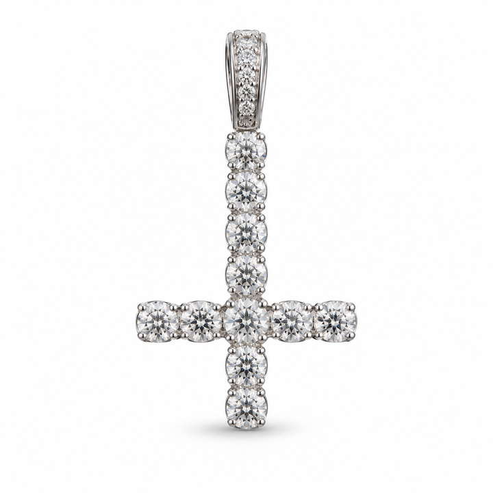 Size M silver-tone inverted cross pendant, front view on white