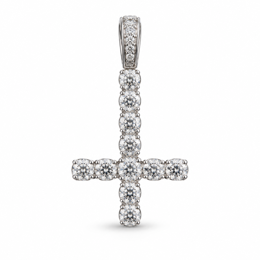 Size M silver-tone inverted cross pendant, front view on white