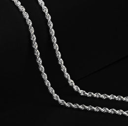 Close-up of two silver-tone rope chain strands on black