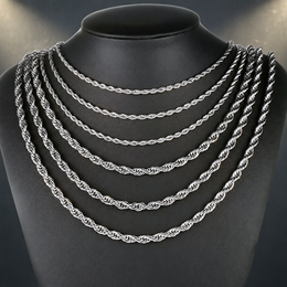 Six silver-tone rope chains in graduated widths on a black display bust
