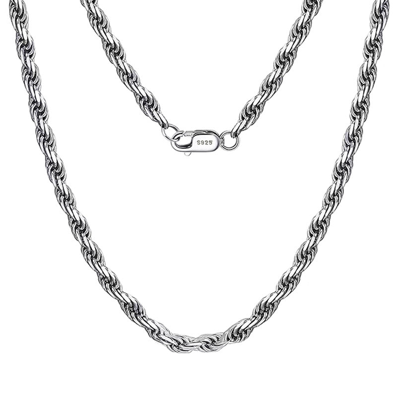 Silver-tone rope chain and close-up of its lobster clasp on white