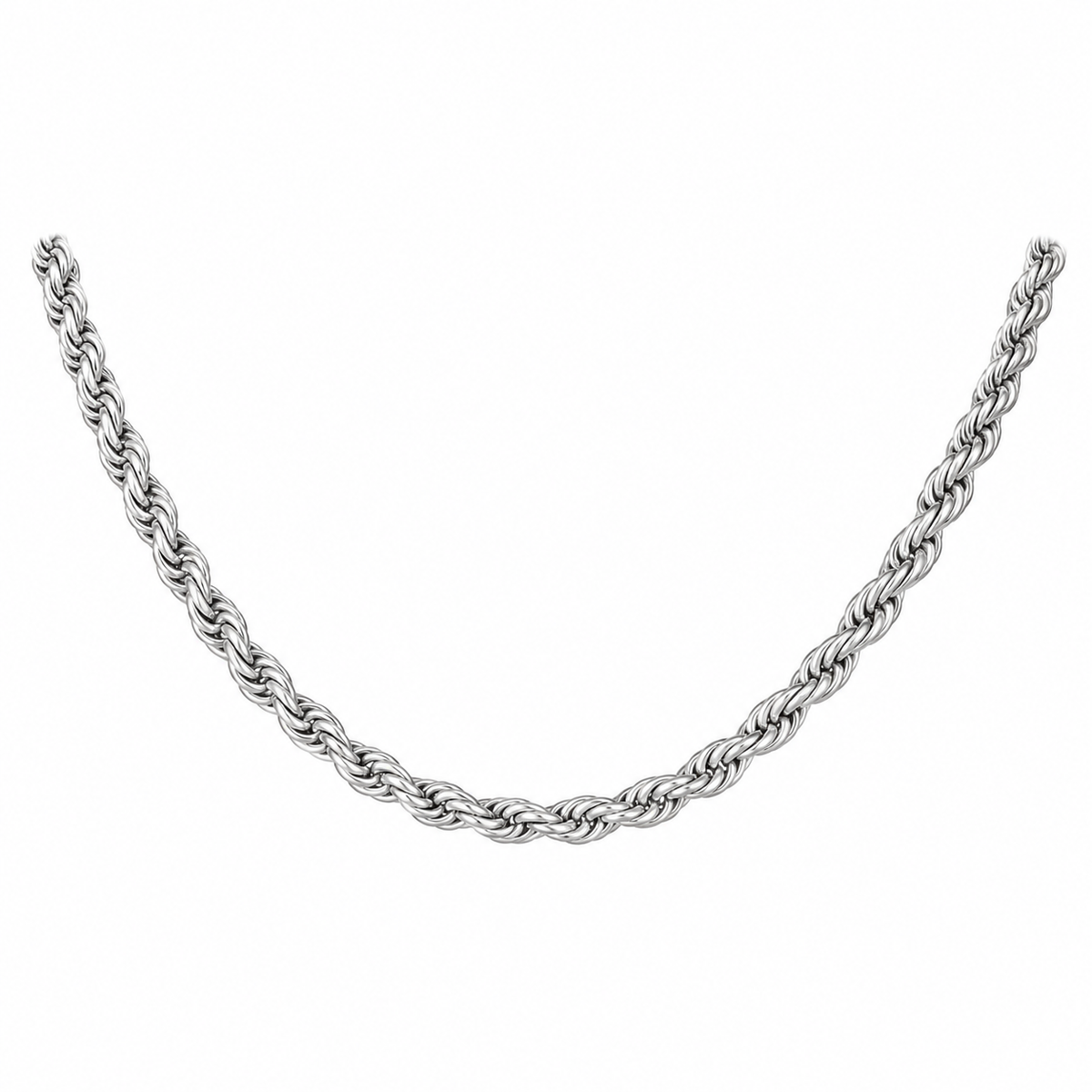 Silver-tone rope chain in a U-shaped drape on white