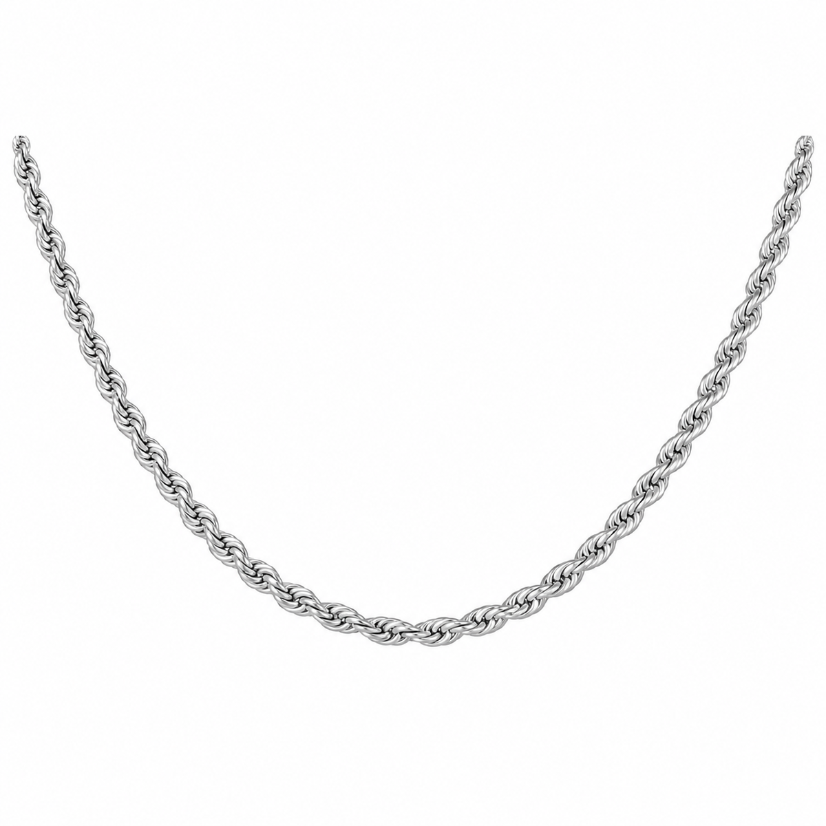 Silver-tone rope chain in a U-shaped drape on white
