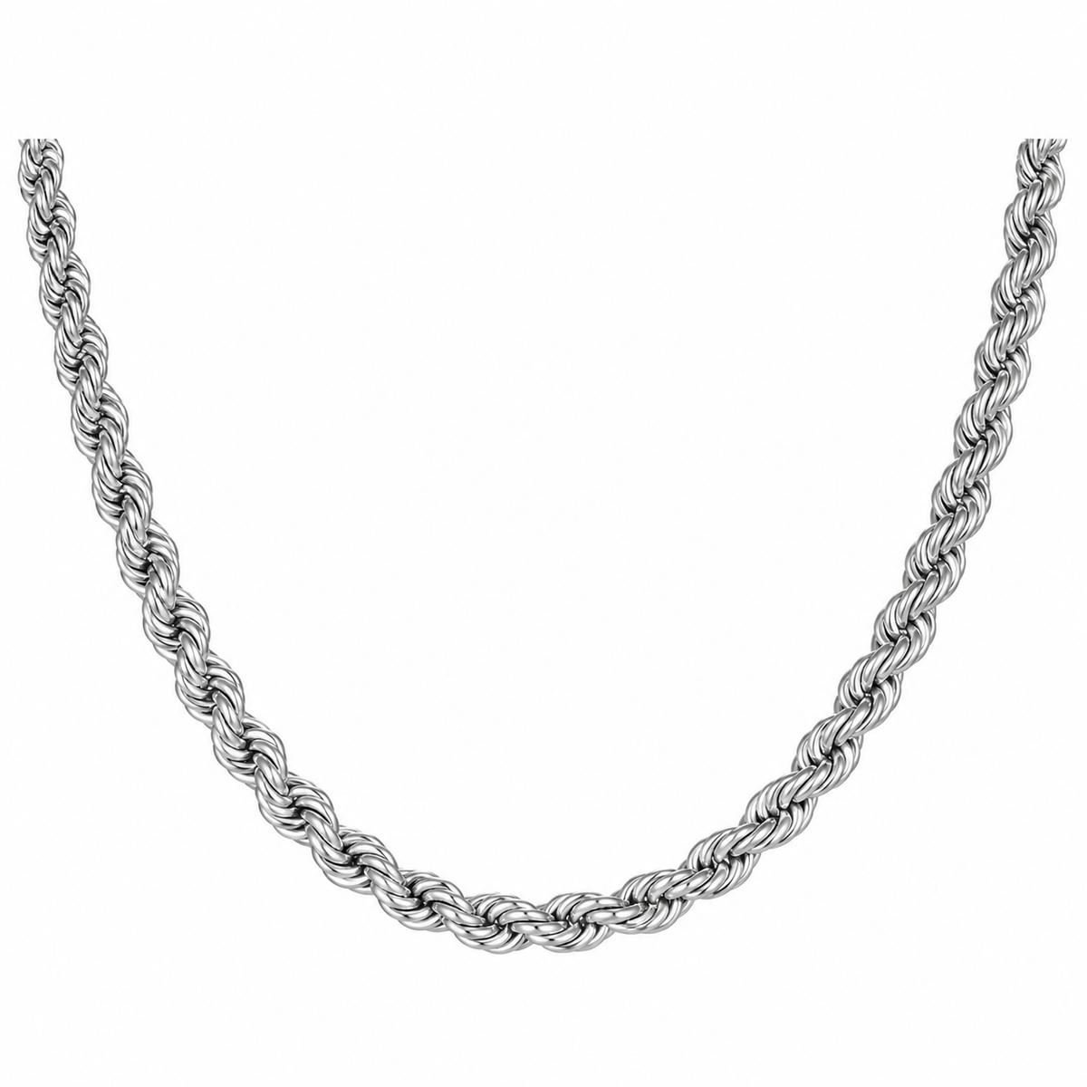 Silver-tone rope chain in a U-shaped drape on white