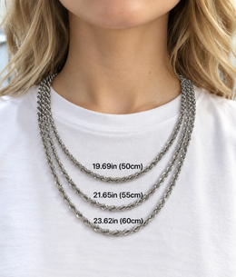 Model wearing three silver-tone rope chains with inch and centimeter length labels