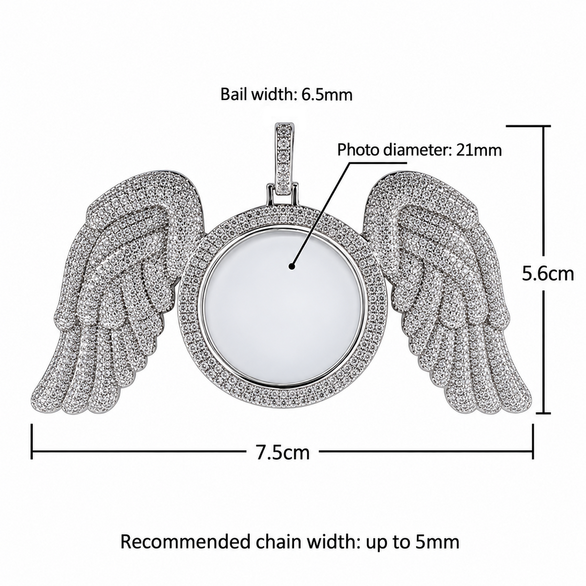 Angel wings photo pendant dimensions and recommended chain fit