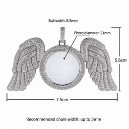 Angel wings photo pendant dimensions and recommended chain fit