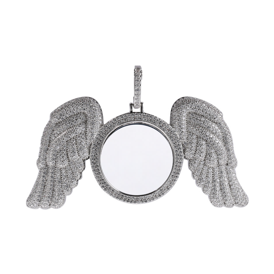 Silver-tone angel wings photo pendant with a round photo area and upright bail