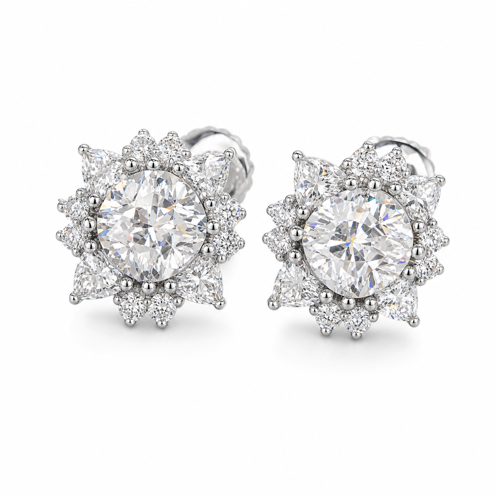 Moissanite Center Stone Flower Stud Earrings Screw Back - 925 Sterling Silver