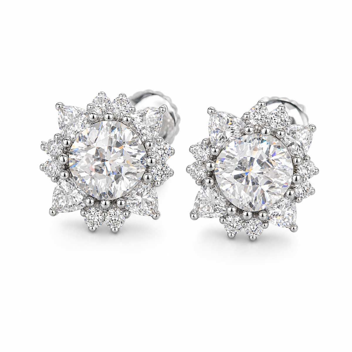 Moissanite Center Stone Flower Stud Earrings Screw Back - 925 Sterling Silver