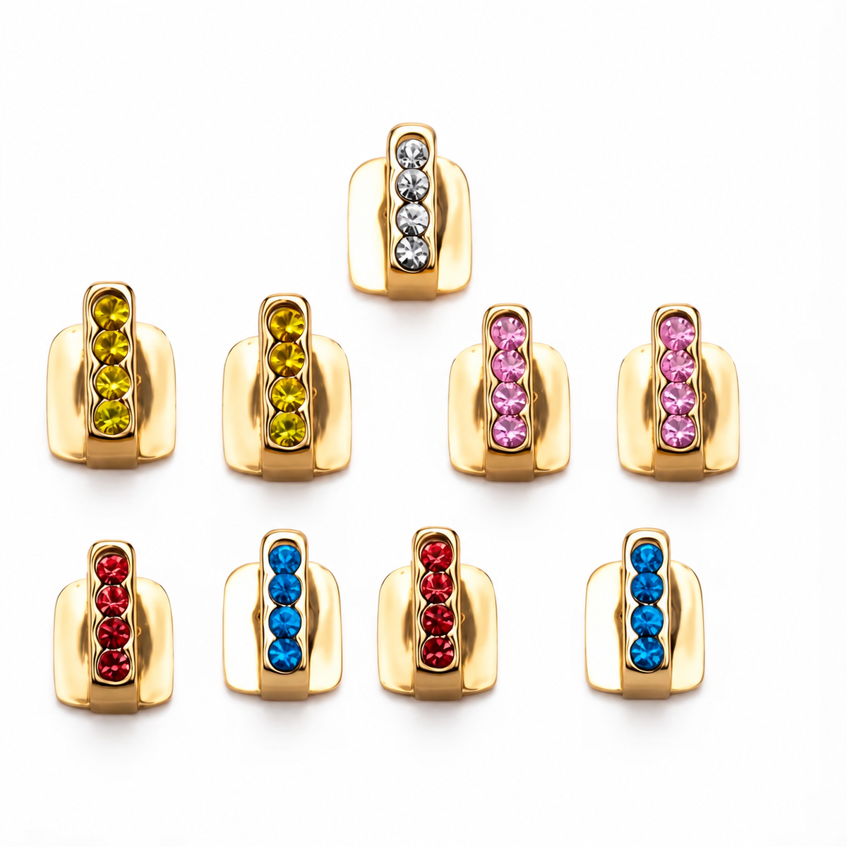Gold nine-piece tooth cap set with clear, yellow, pink, red and blue stone bars