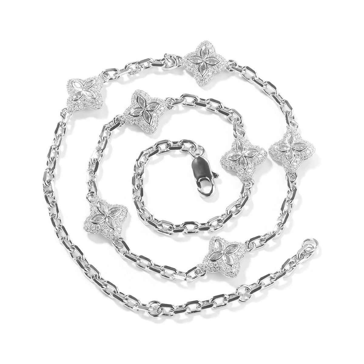 Clear-stone silver-tone four-leaf clover adjustable necklace on white