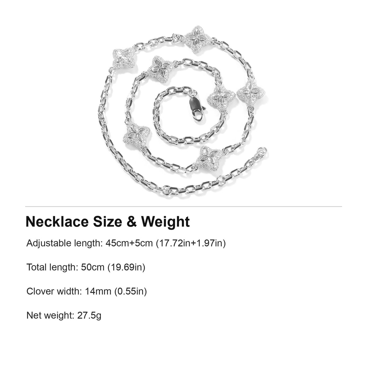 Necklace size guide: 45cm+5cm adjustable, 50cm total, 14mm clovers and 27.5g weight