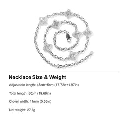 Necklace size guide: 45cm+5cm adjustable, 50cm total, 14mm clovers and 27.5g weight