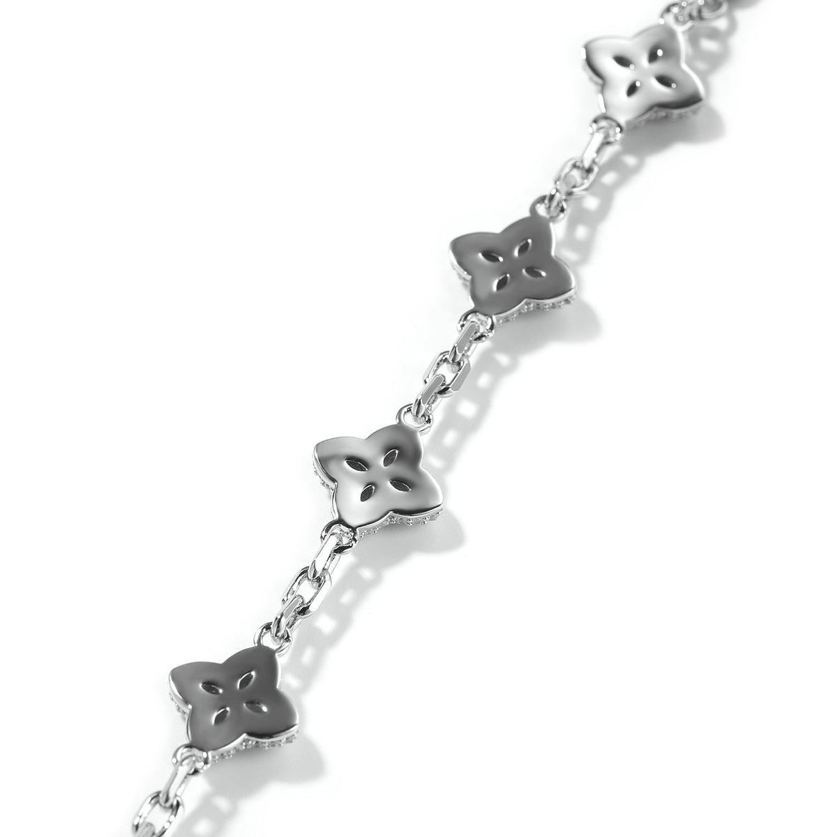 Back detail of the silver-tone four-leaf clover necklace links