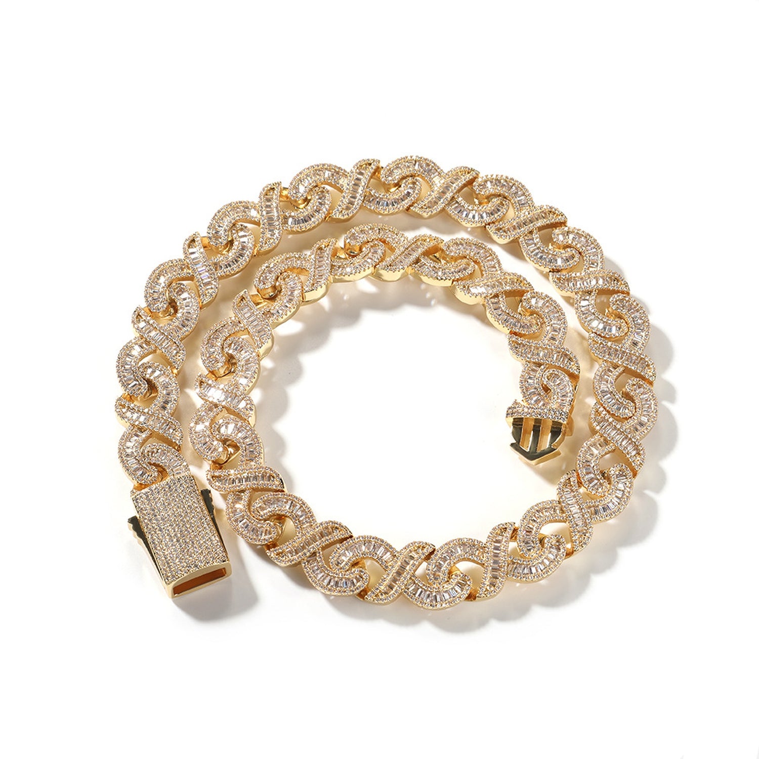 Gold 15mm baguette CZ infinity link necklace on white