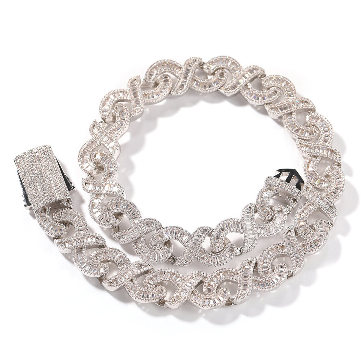 Silver 15mm infinity link necklace coiled on white