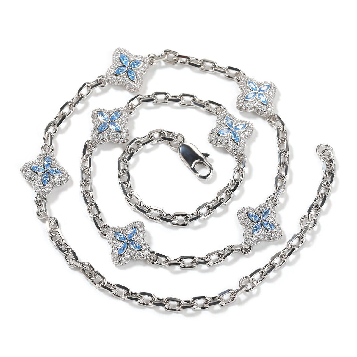 Aqua Blue four-leaf clover adjustable necklace in a silver-tone setting on white