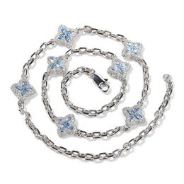 Aqua Blue four-leaf clover adjustable necklace in a silver-tone setting on white