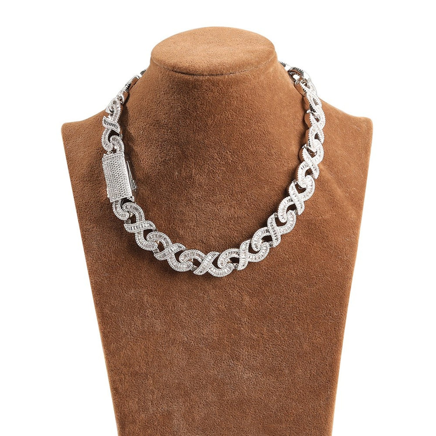 Silver 15mm infinity link necklace on a display form