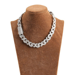 Silver 15mm infinity link necklace on a display form