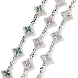 Silver-tone four-leaf clover necklace link and stone detail