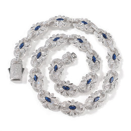 Silver-tone marquise floral link necklace coiled with blue cubic zirconia and an open box clasp