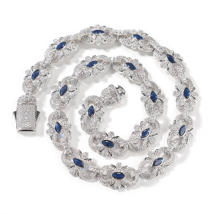 Silver-tone marquise floral link necklace coiled with blue cubic zirconia and an open box clasp