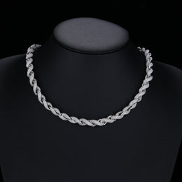 Silver-tone rope necklace displayed on a black necklace bust