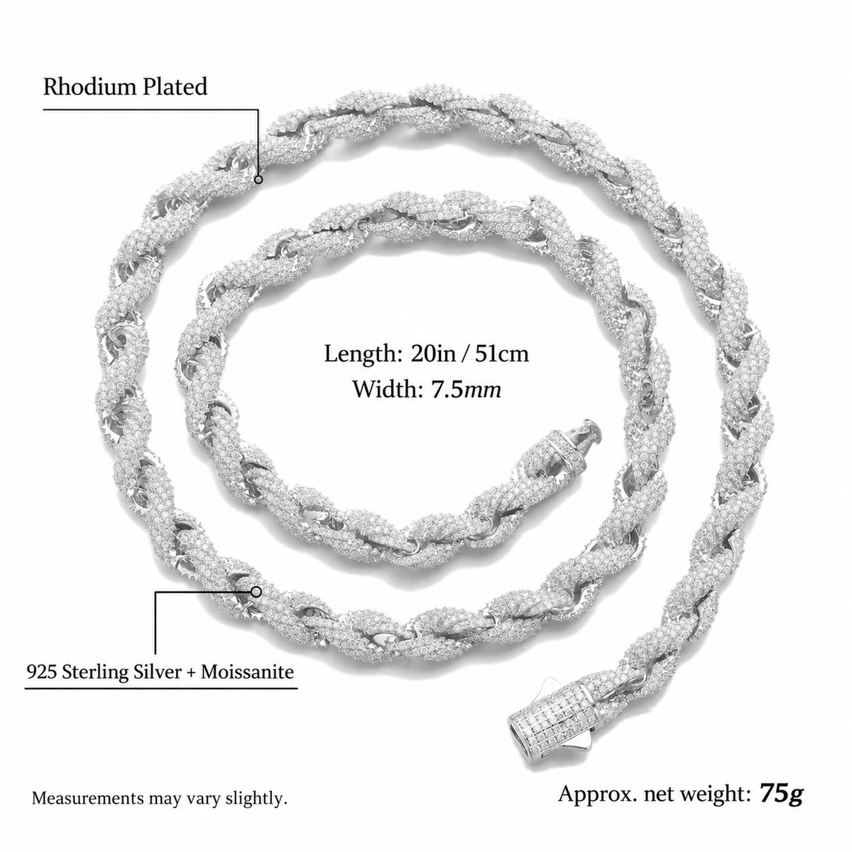 Rope necklace diagram with 20in length, 7.5mm width and 75g net weight