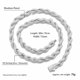 Rope necklace diagram with 20in length, 7.5mm width and 75g net weight