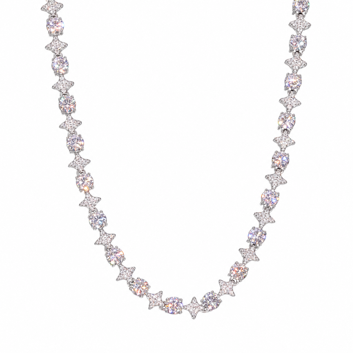 Silver-tone moissanite star tennis necklace in a U-shaped drape on white