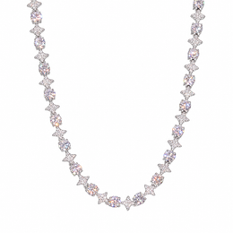 Silver-tone moissanite star tennis necklace in a U-shaped drape on white
