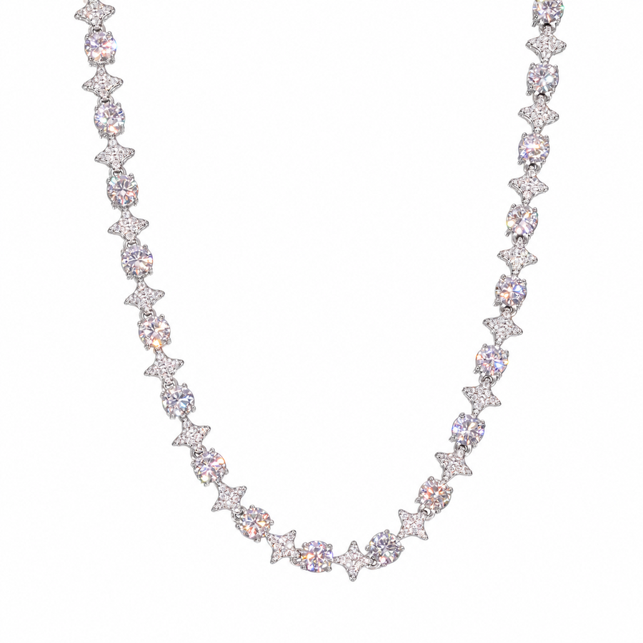 Silver-tone moissanite star tennis necklace in a U-shaped drape on white