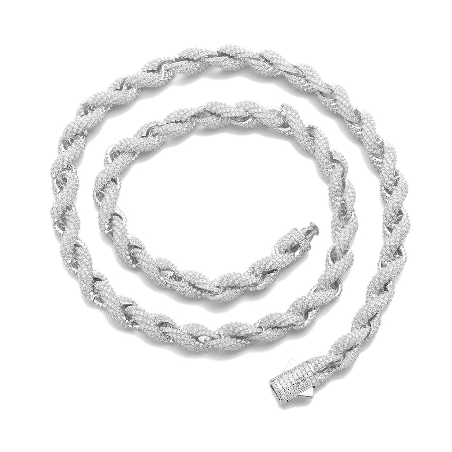 Silver-tone rope necklace coiled on white with its box clasp open