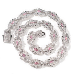 Silver-tone marquise floral link necklace coiled with pink cubic zirconia and an open box clasp