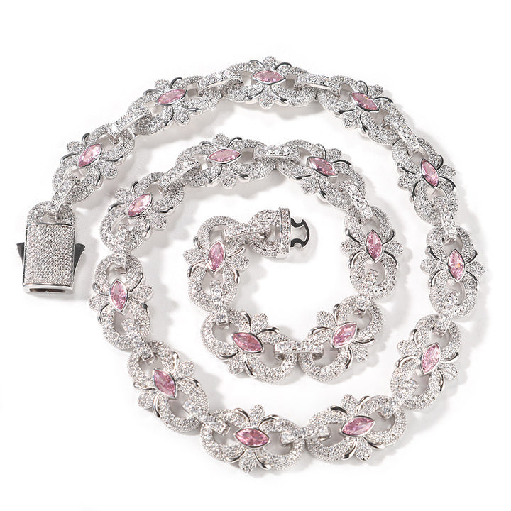 Silver-tone marquise floral link necklace coiled with pink cubic zirconia and an open box clasp