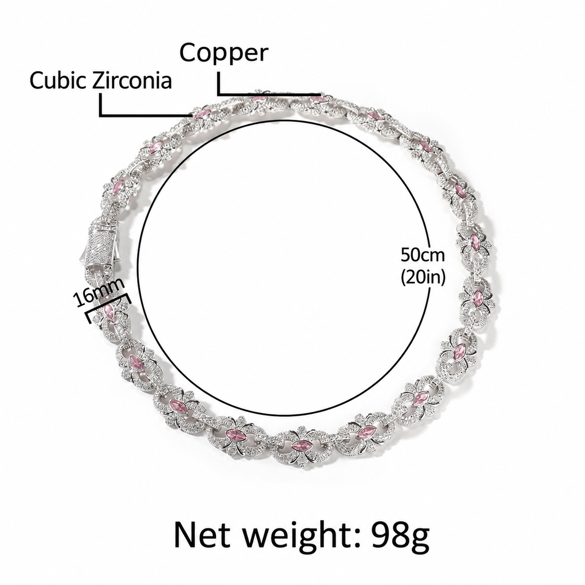 Size and weight reference for the pink marquise floral link necklace