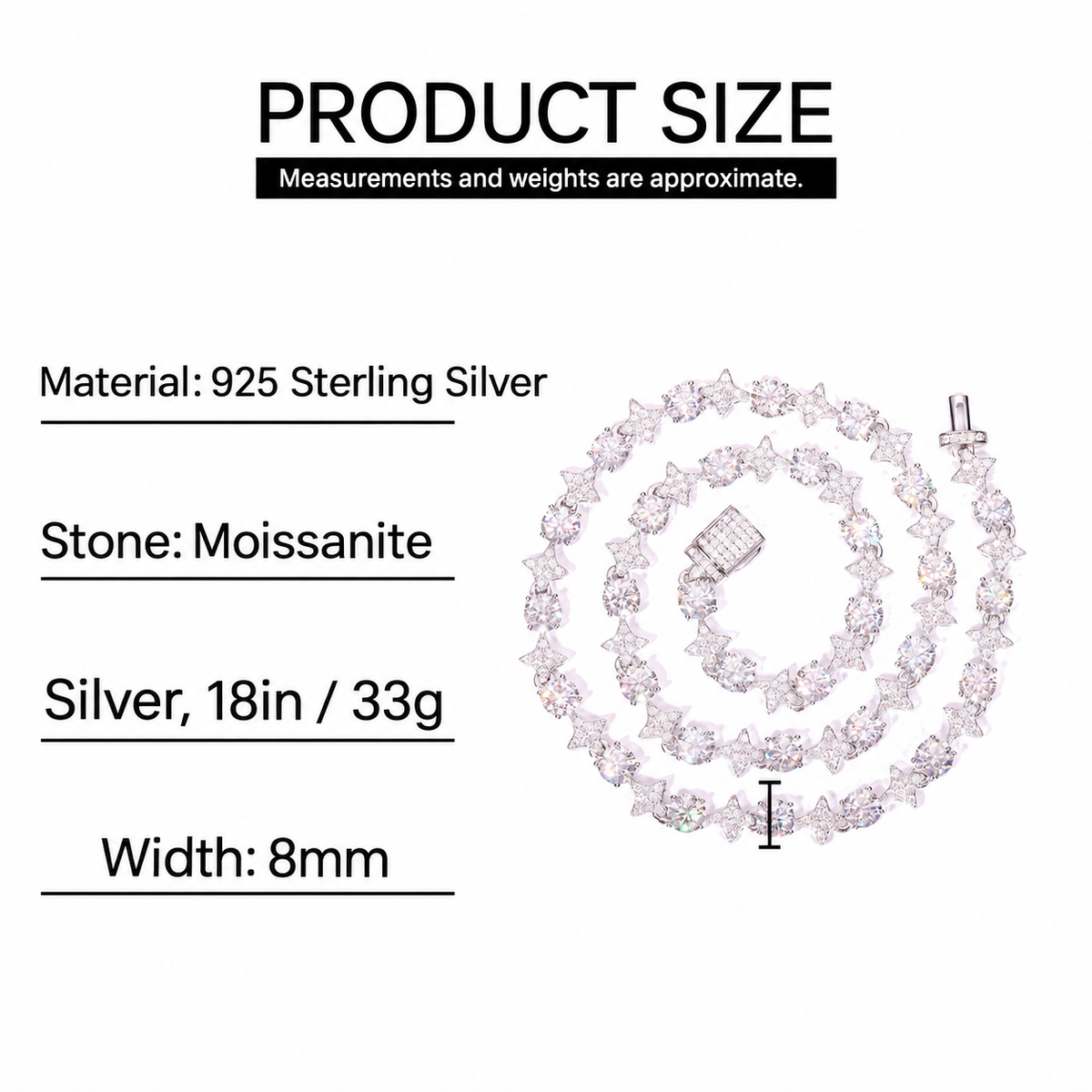 Size guide for the 8mm star tennis necklace, with a Silver 18in reference weight of 33g