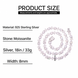 Size guide for the 8mm star tennis necklace, with a Silver 18in reference weight of 33g