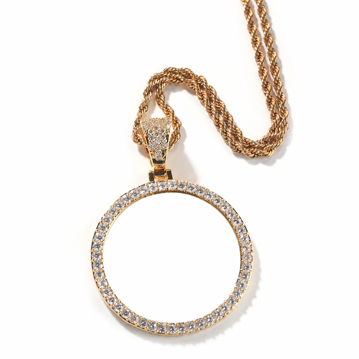 Gold 45mm large round custom photo pendant with white photo center