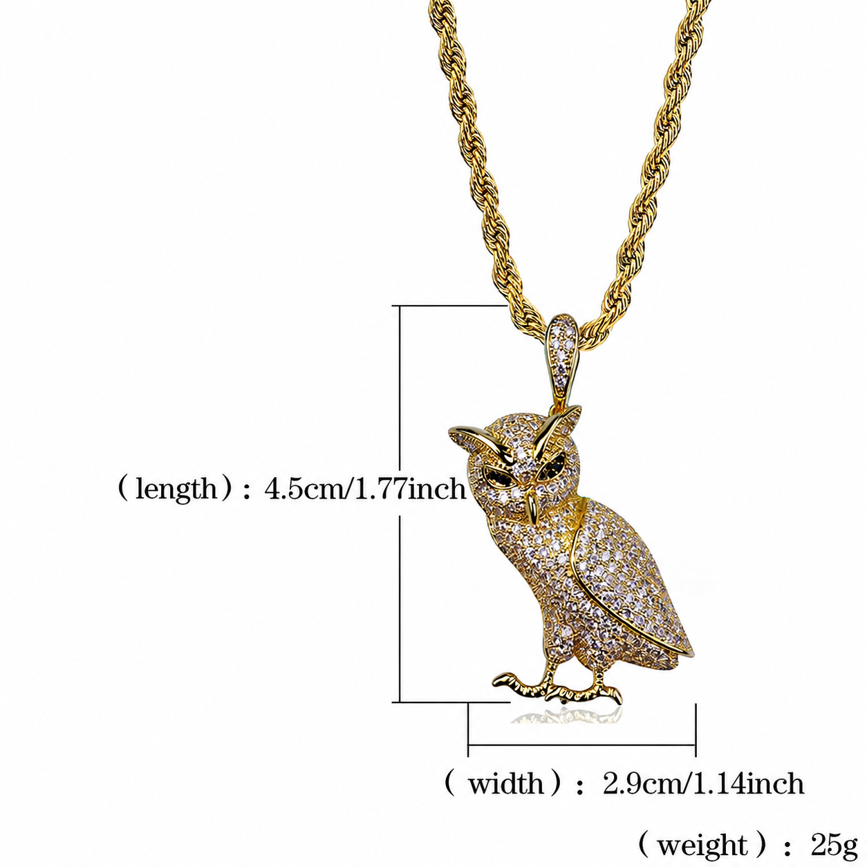 Gold iced owl pendant English size guide