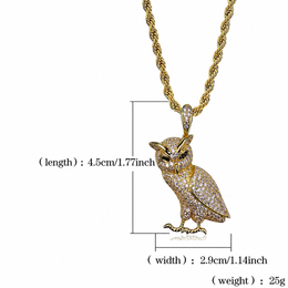 Gold iced owl pendant English size guide