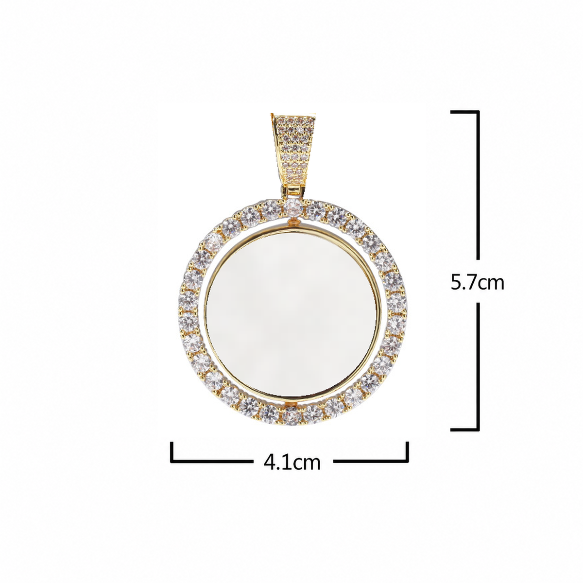 Pendant size diagram showing width and overall height including the bail
