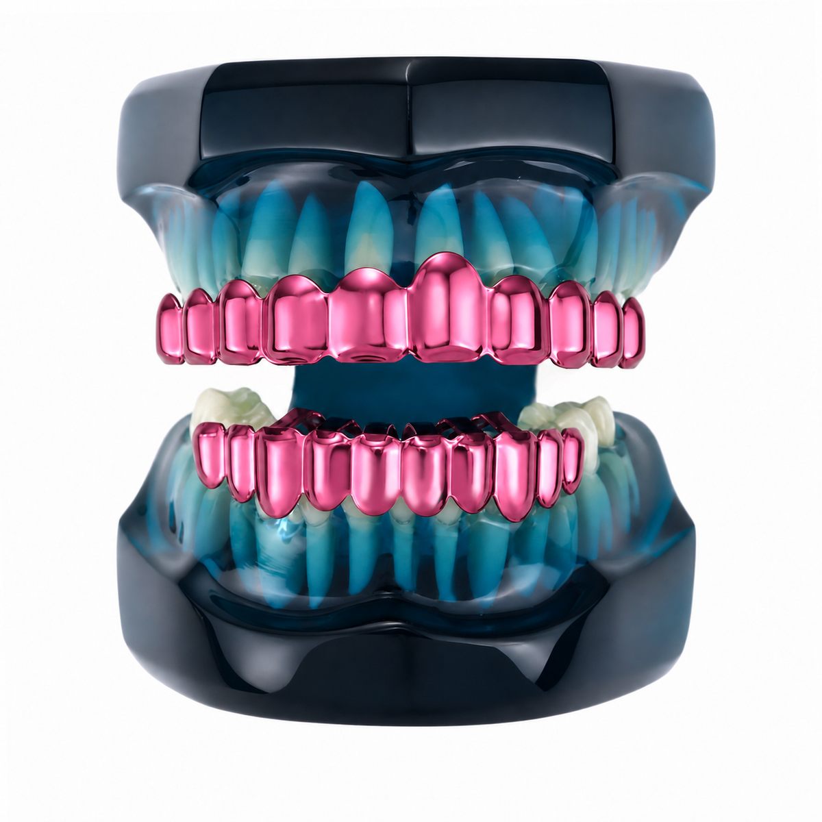 Pink upper and lower grillz fitted to a translucent blue dental display model