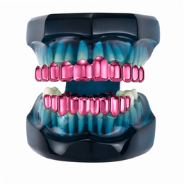Pink upper and lower grillz fitted to a translucent blue dental display model