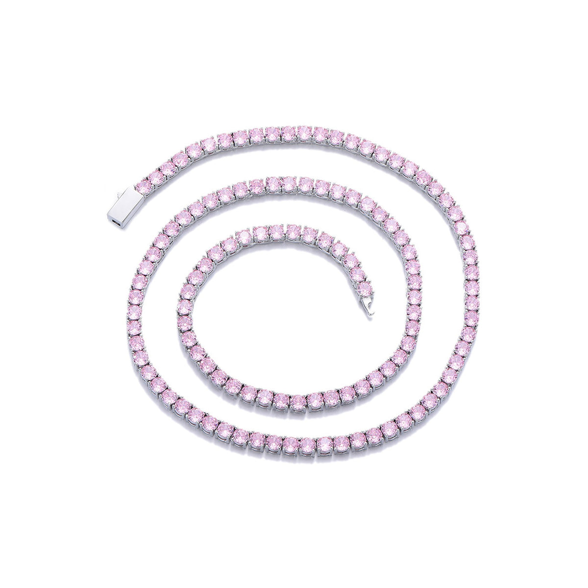 Pink-stone tennis necklace arranged in a spiral on white